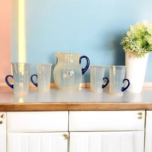 RARE Antique 1920s Fry Foval Opalescent Lemonade Set-Cobalt Blue-Art Deco - Picture 12 of 12